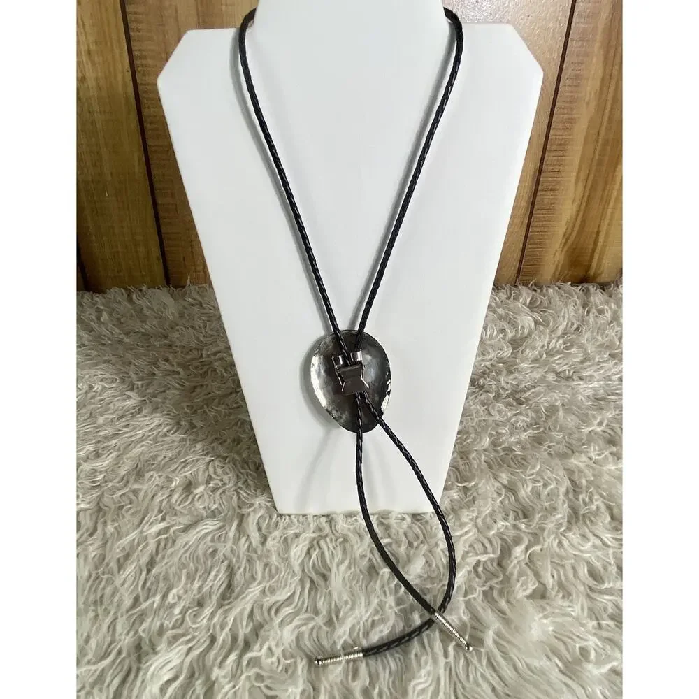 Native American Silver Plated Turquoise & Malachite Braided Black Leather Bolo